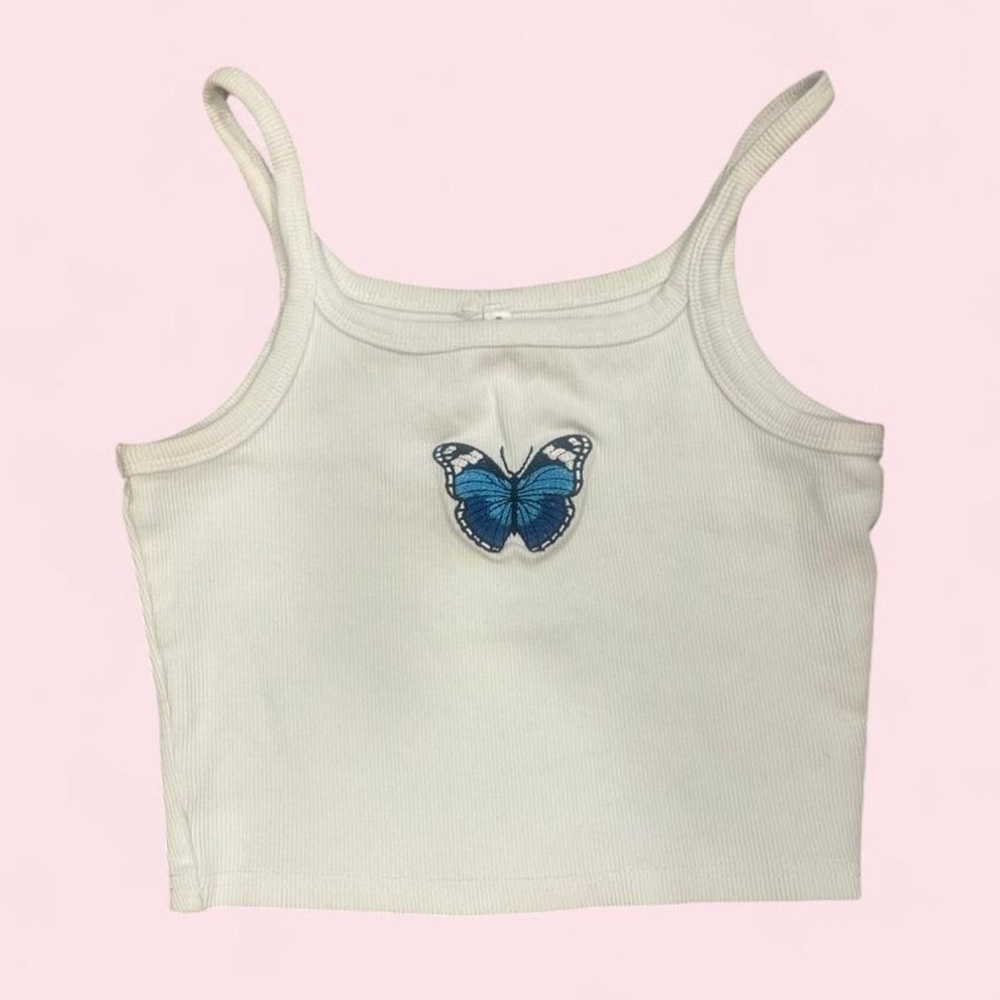 Cream Ribbed Crop Tank with Blue Butterfly Patch
